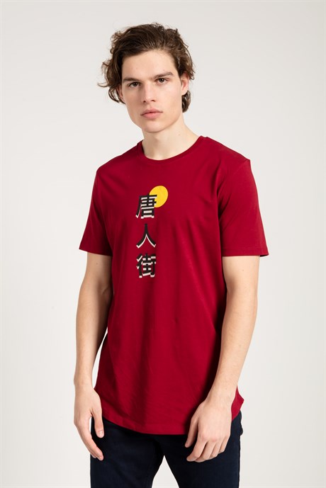 Çince Baskılı Slim Fit Kırmızı Erkek T-shirt