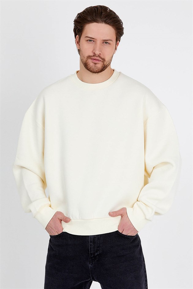 Basic Oversize Krem Rengi Erkek Sweatshirt