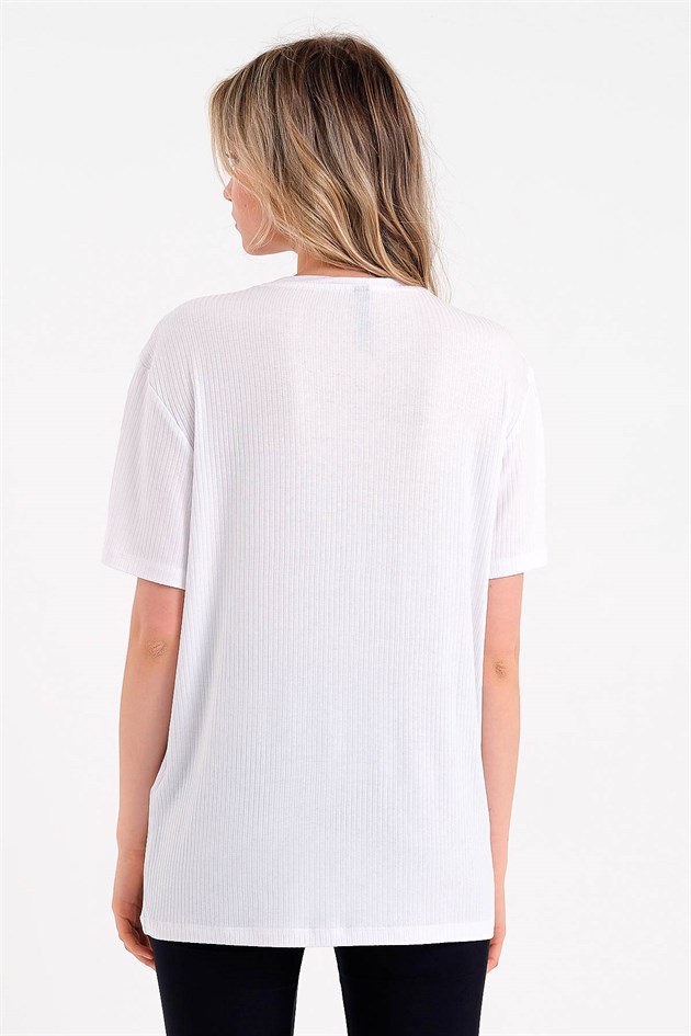 Baskılı Beyaz Oversize Kadın T-shirt