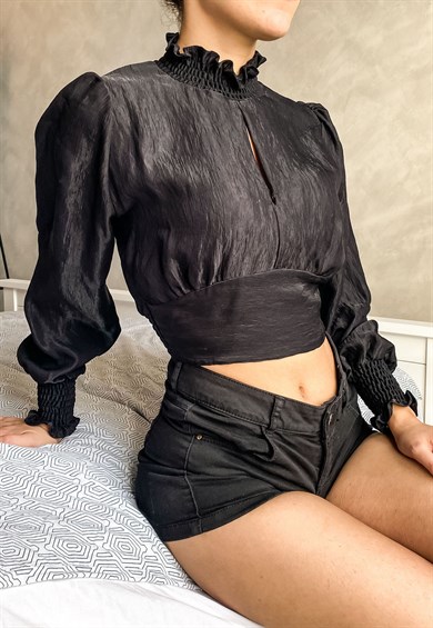 Satin Crop Top in Black with Drawstring Puffy Sleeves
