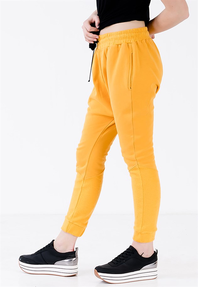 Drop Crotch Joggers in Yellow with Leather Drawstring