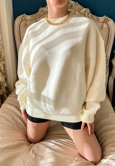 Krem Rengi Basic Oversize Kadın Sweatshirt