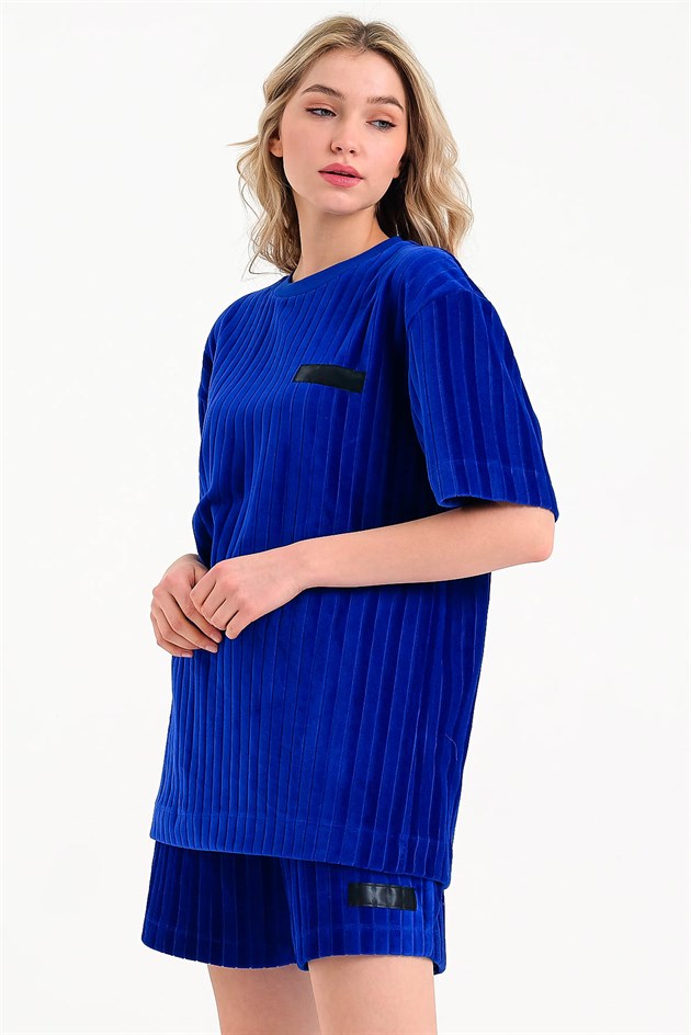 Mavi Oversize Kadife Kadın T-shirt