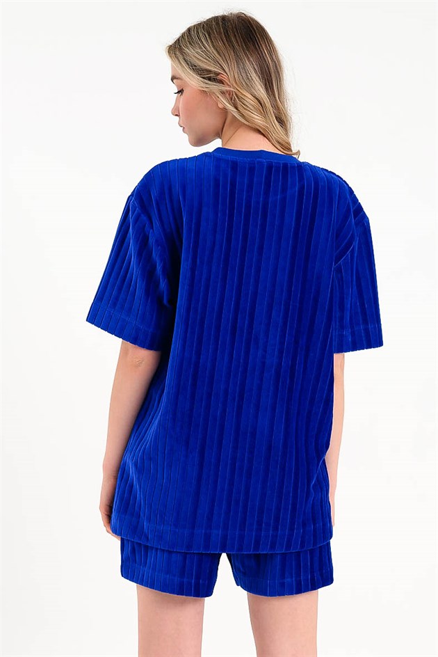 Mavi Oversize Kadife Kadın T-shirt