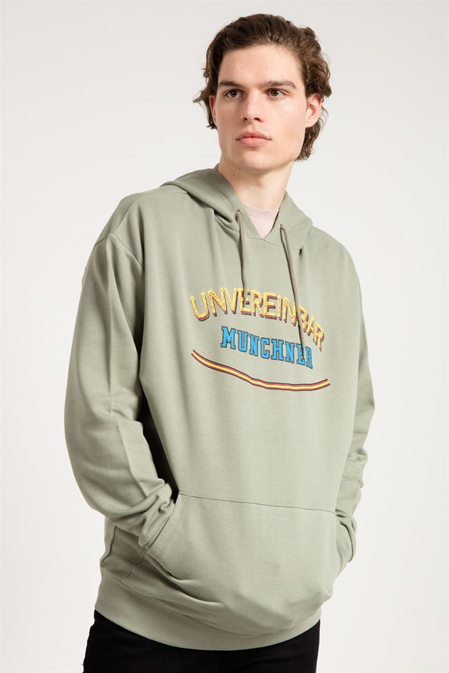 Oversized Printed Hoodie in Green with Pouch Pocket