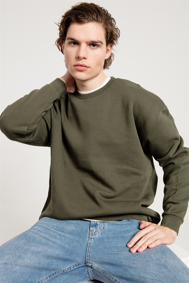 Oversize Asit Yıkamalı Haki Erkek Sweatshirt