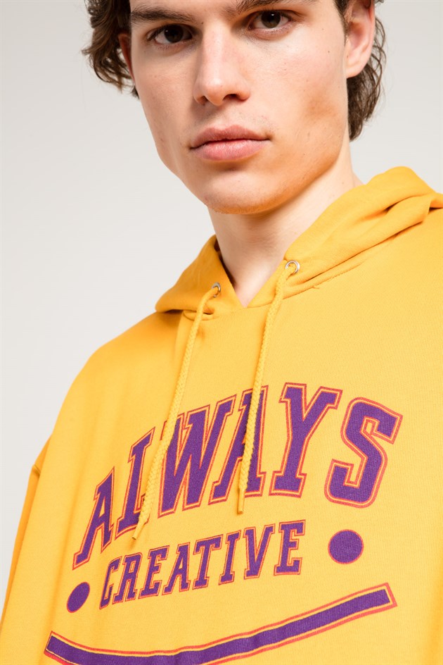 Printed Oversized Hoodie in Yellow with Pouch Pocket