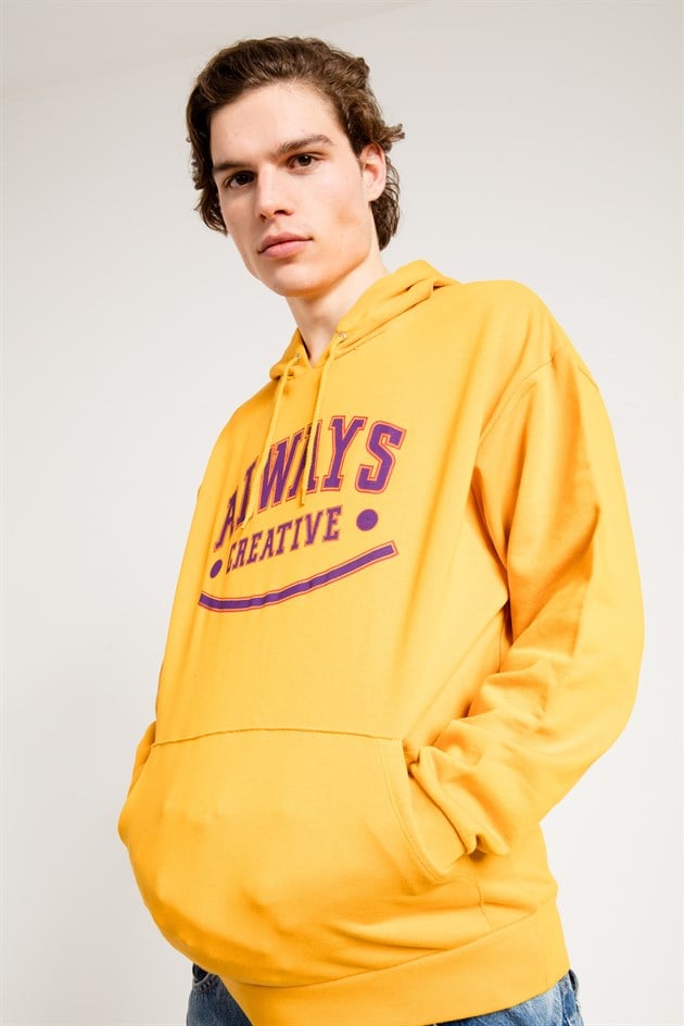 Printed Oversized Hoodie in Yellow with Pouch Pocket