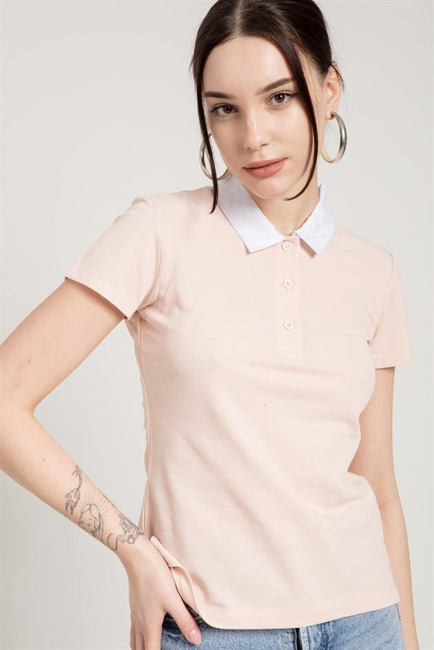 Pembe Slim Fit Klasik Düz Kadın Polo Yaka T-shirt