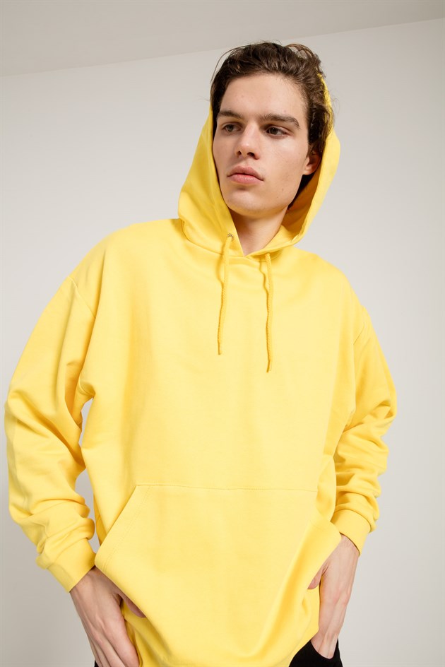 Sarı Oversize Önü Cepli Kapüşonlu Sweatshirt