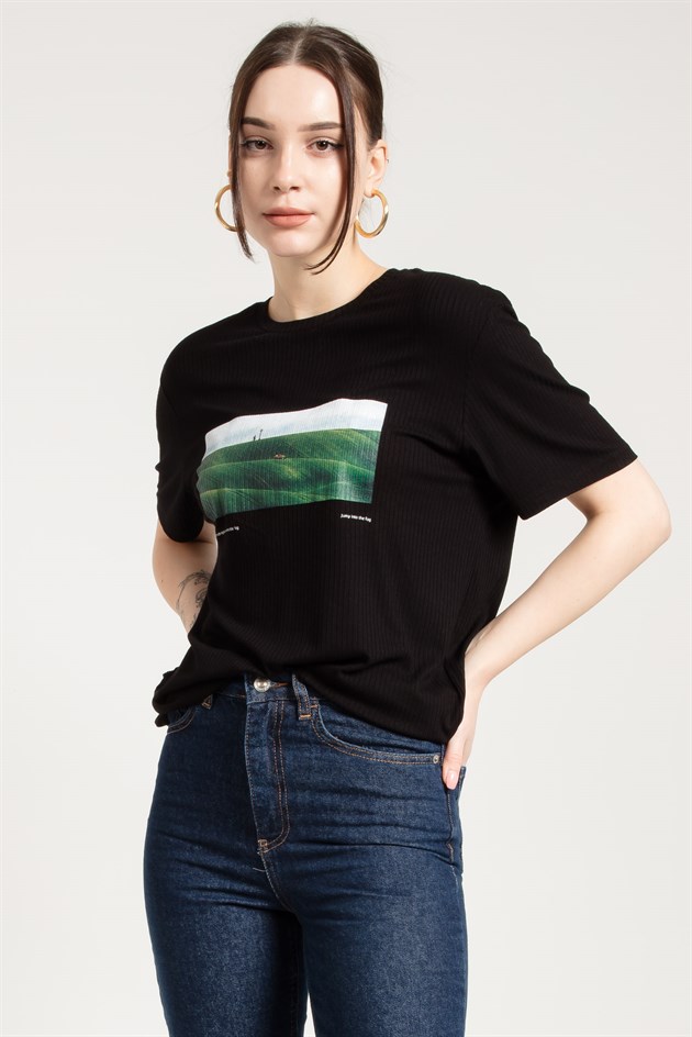 Siyah Baskılı Oversize Kadın T-shirt