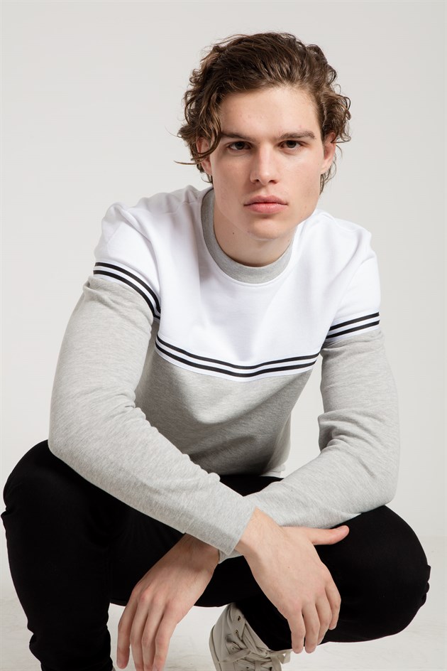 Uzun Kollu Renk Bloklu Gri Beyaz Erkek Sweatshirt